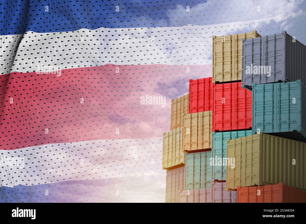 Costa Rica flag and big stack of shipping cargo containers in docks ...