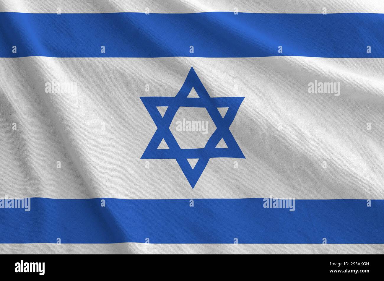 Israel flag depicted on folded wavy fabric of old cloth close up ...