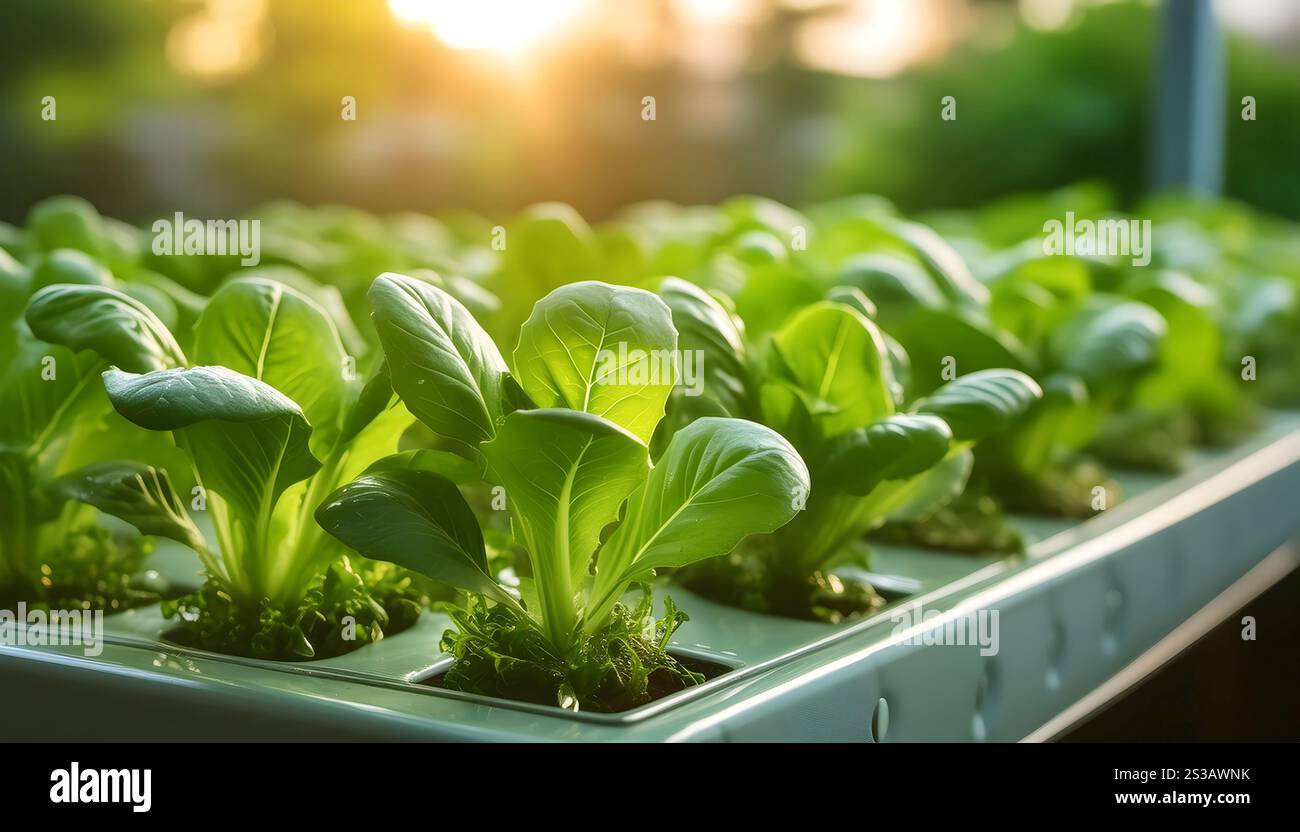 A close-up image of a hydroponic indoor garden system growing fresh ...