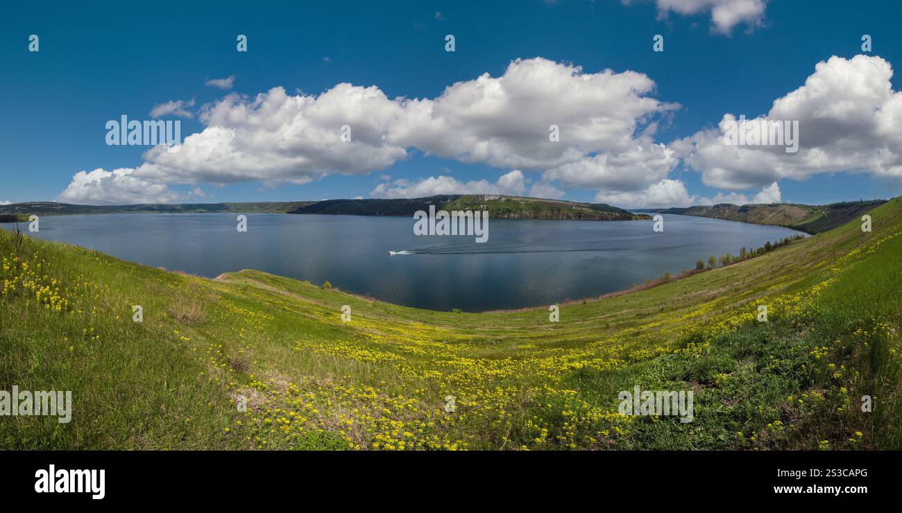 Ukraine without russian aggression. Amazing spring view on the Dnister River Canyon, Chernivtsi region, Ukraine. Stock Photo