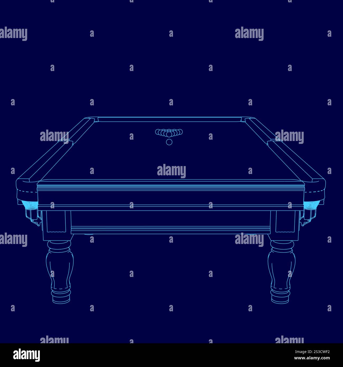 Blue image of a pool table. The table is empty and the blue background ...