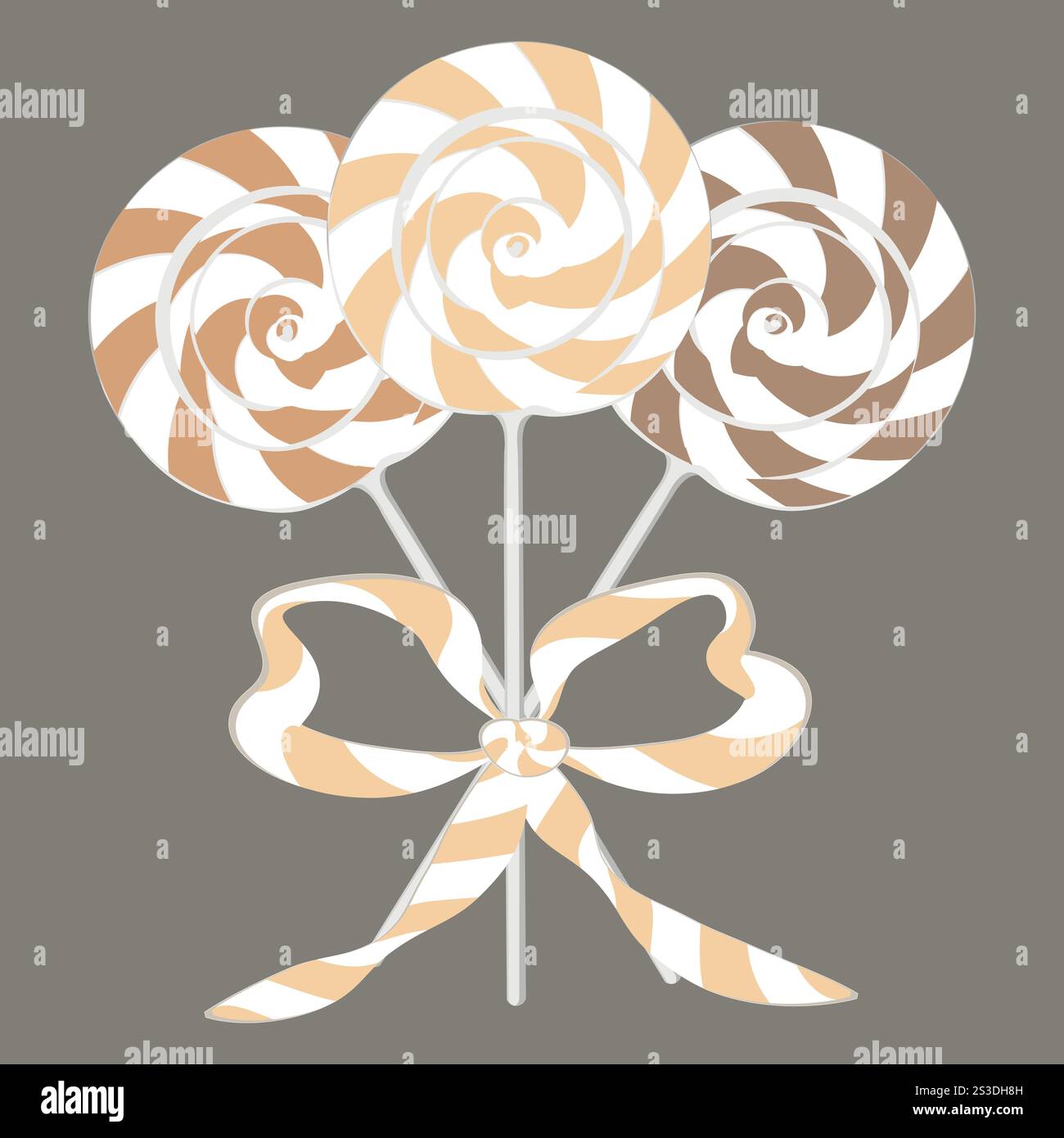 Illustration on a square background - a lollipop with a bow - a bouquet of sweets, a gift, sweets. Design element of books, notebooks, postcards, interior items. Dessert, food, delicious, holiday, souvenir - Stock Image