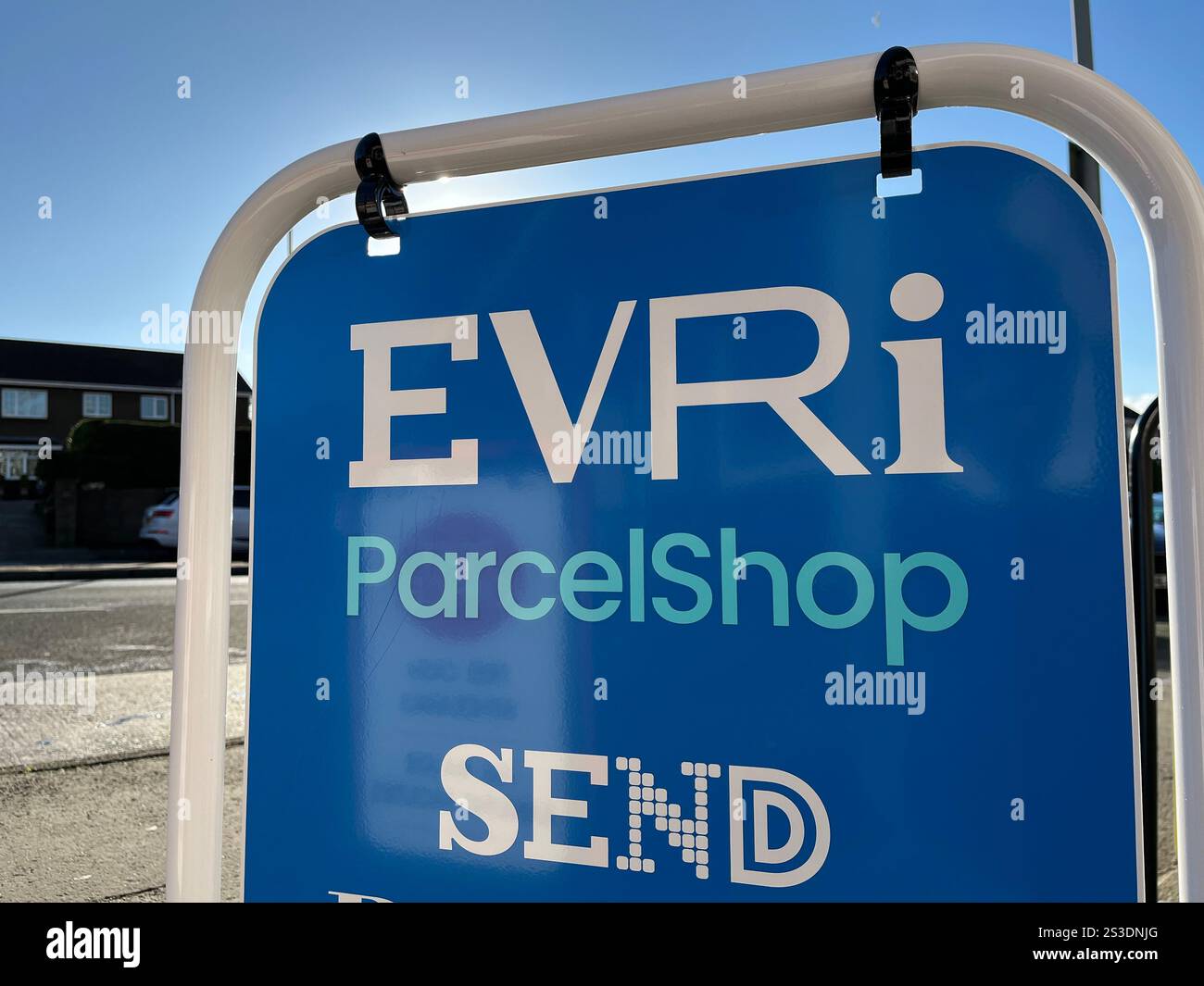 EVRI ParcelShop Sign outside the Post Office in Killay. Swansea, Wales, United Kingdom. 9th January 2025. - Smartphone Captured Stock Image