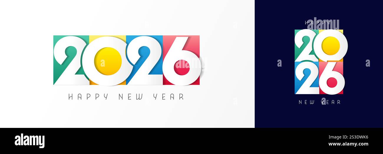 Happy New Year 2026 colorful truncated number logo design. Decorative