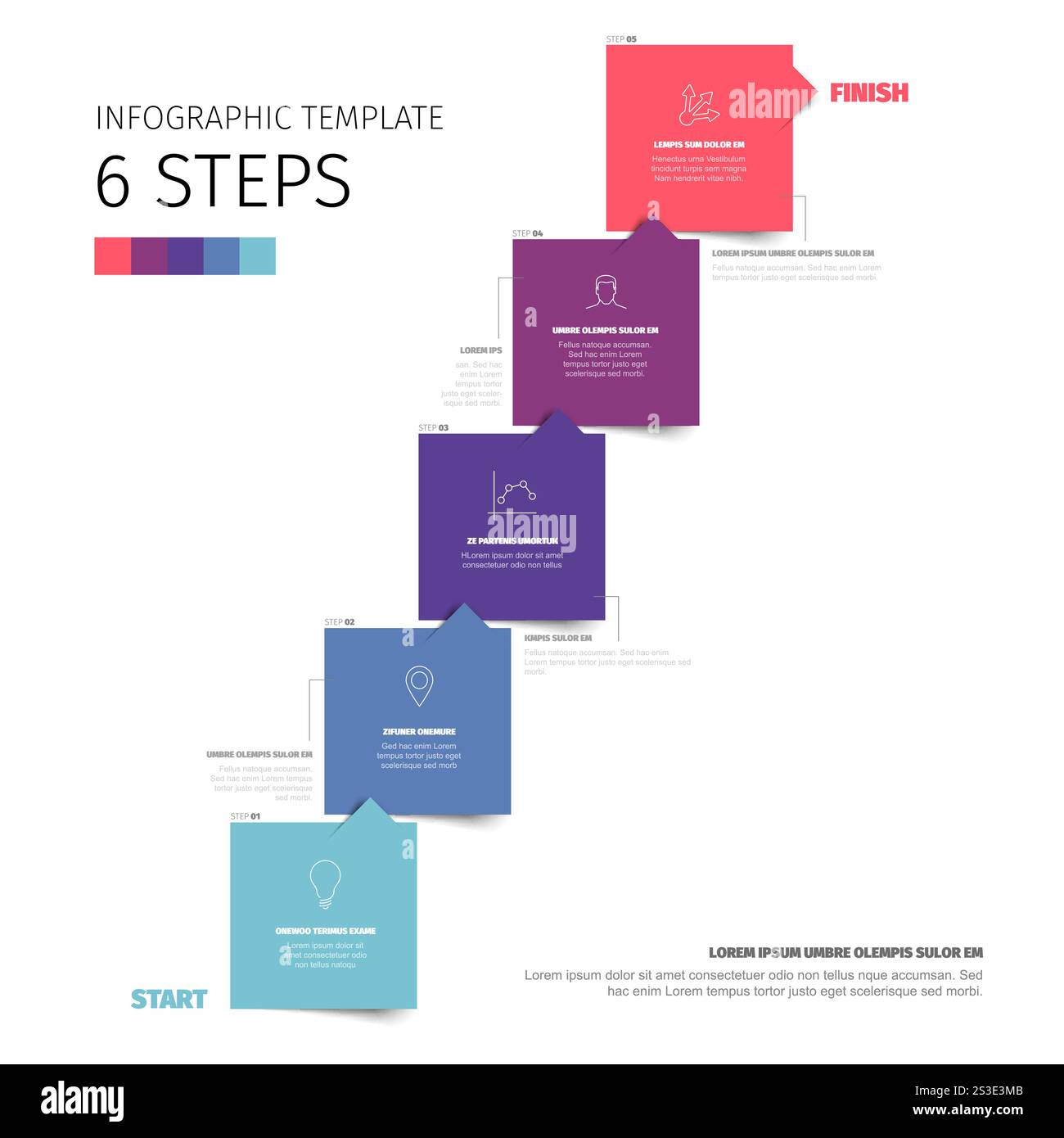 A vibrant 6 step infographic template with colorful labeled boxes