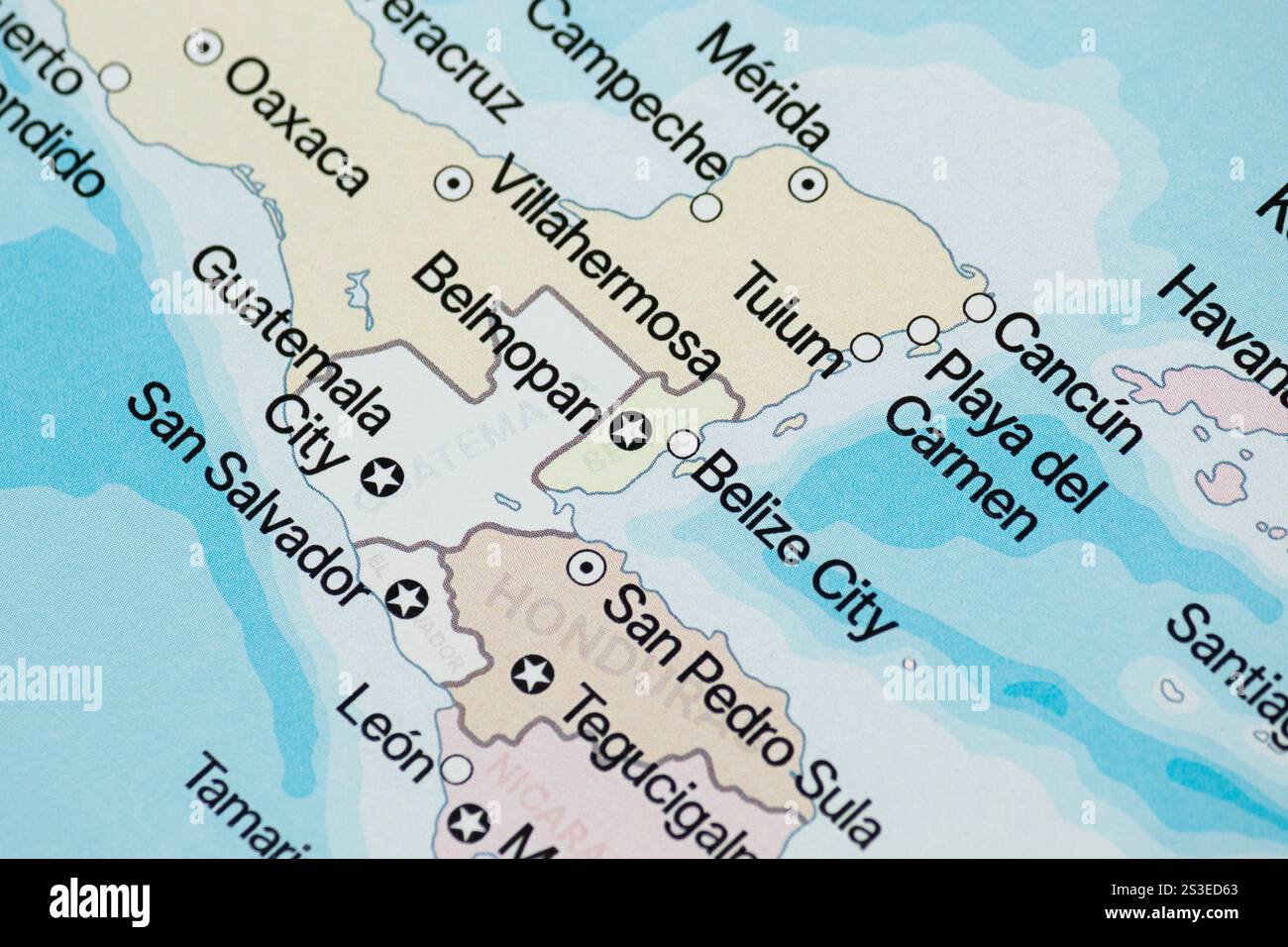 Close up to a Belize political map with most important cities and ...
