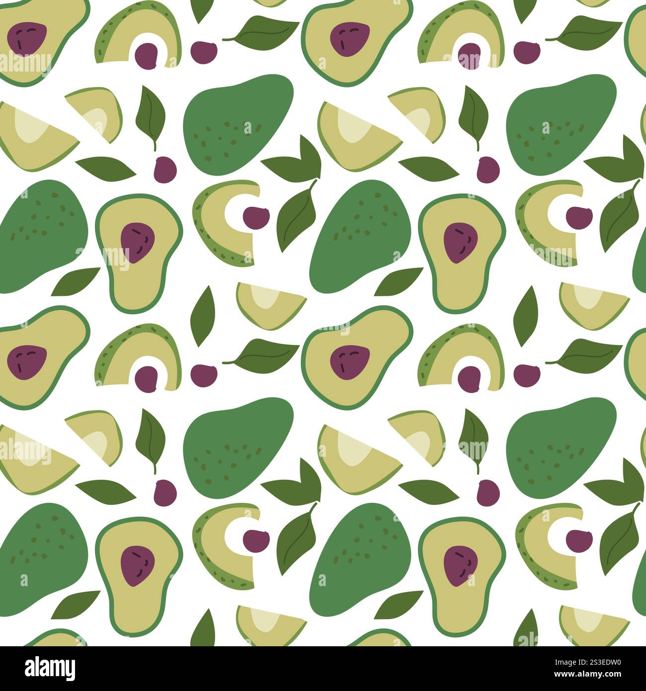 Seamless pattern of avocados and leaves on white background. Stock Vector