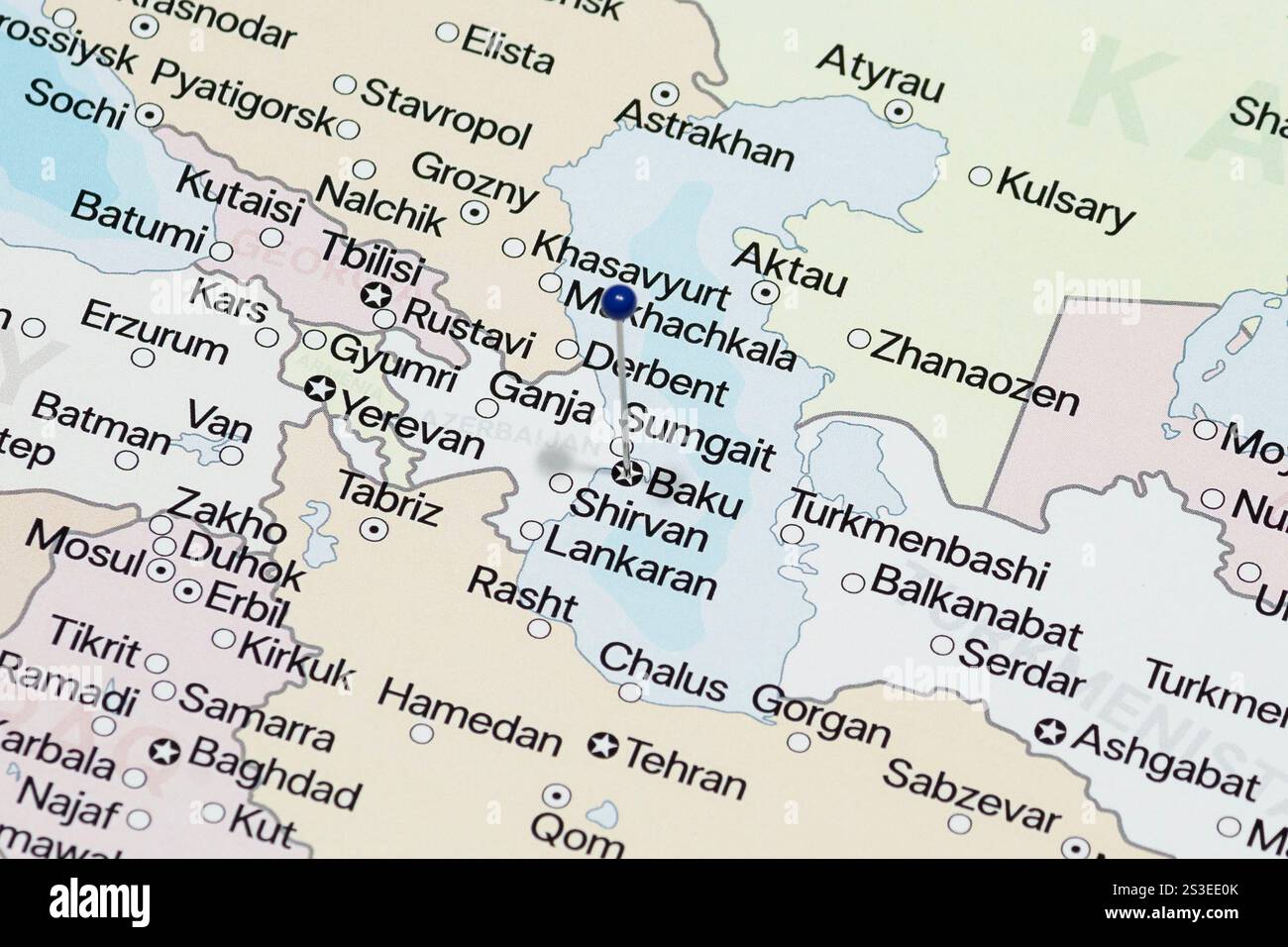Macro Photo Of A Blue Pin Needle Into Baku City Of Iran Political Map Macro Photo Of A Blue Pin Needle Into Baku City Of Iran Political Map 2S3EE0K