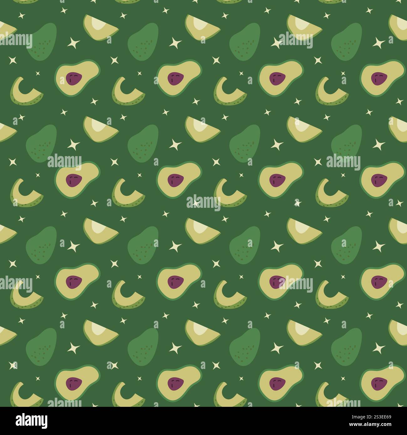Avocado and lime seamless pattern on green background. Stock Vector