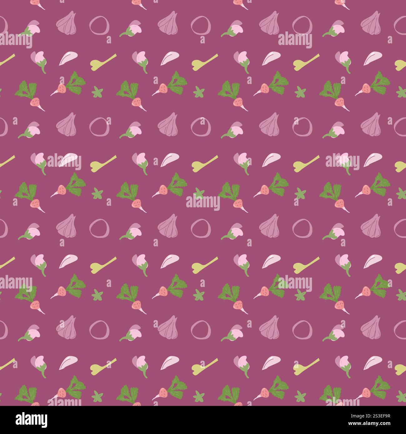 Colorful vegetable pattern with radishes, beets, garlic, and peas on pink background. Stock Vector