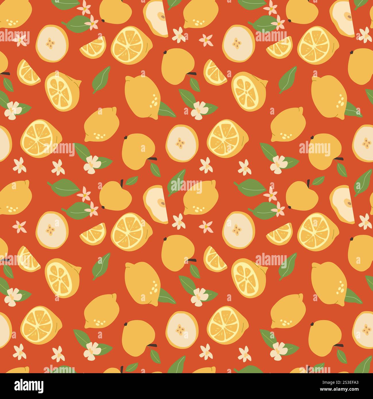 Vibrant lemon and orange fruit pattern with leaves on red background. Stock Vector
