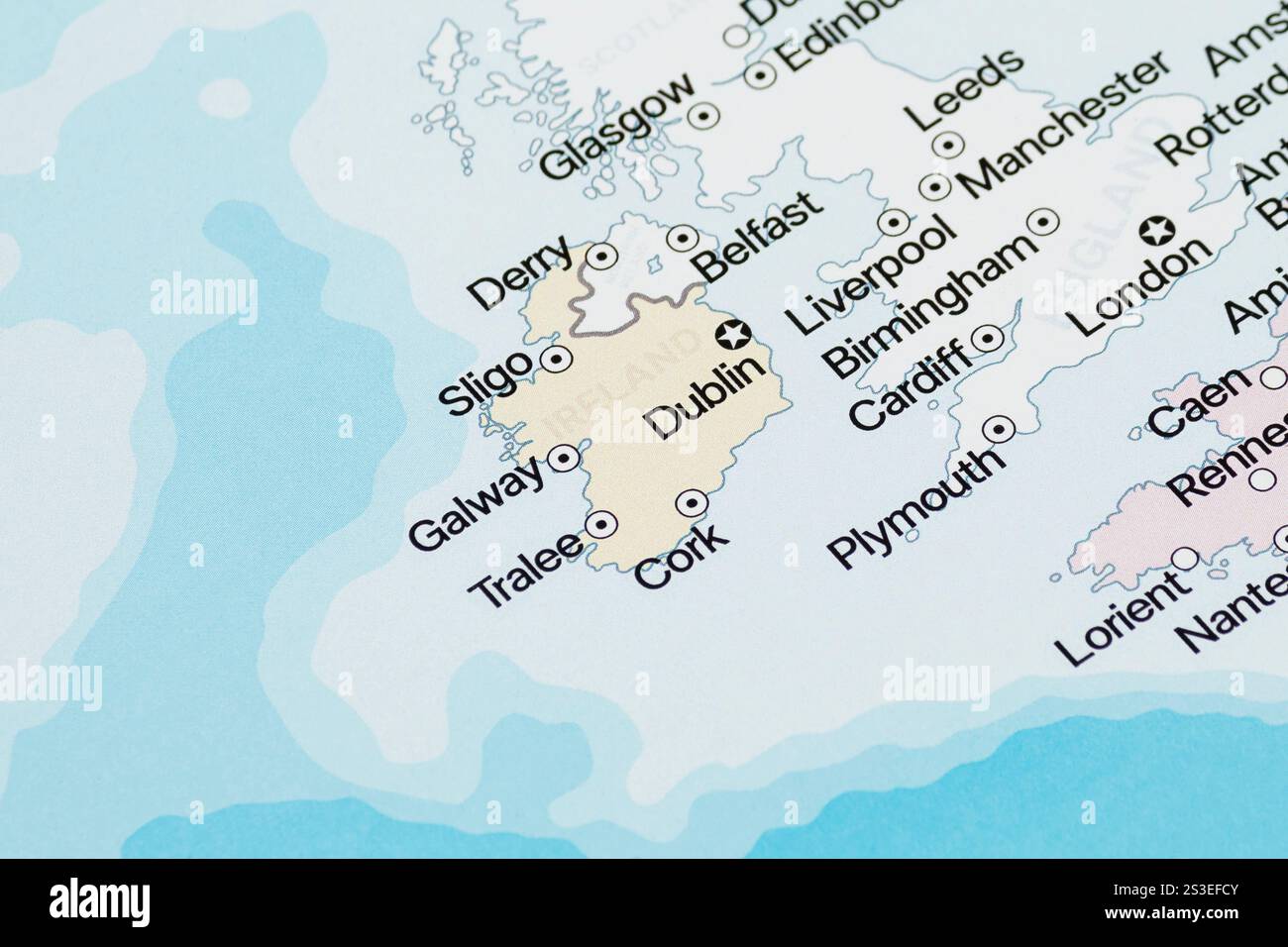 View of Close up to a Ireland political map with most important cities and ...