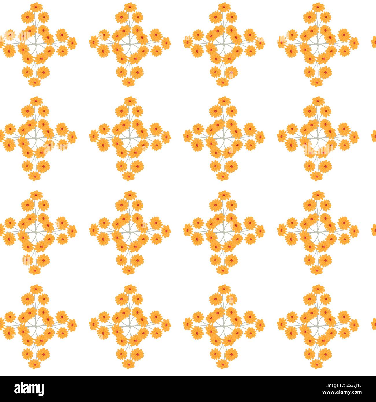 Seamless geometric pattern with orange flowers on white background. Stock Vector