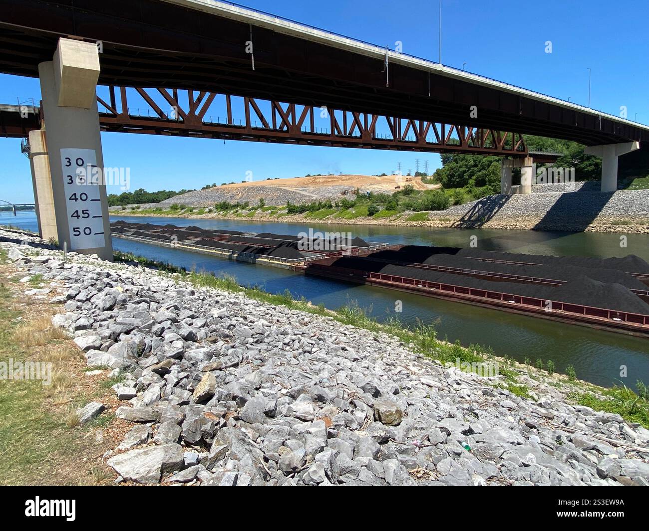 Coal barges on the Tennessee River near Kentucky Dam, Kentucky - Smartphone Captured Stock Image