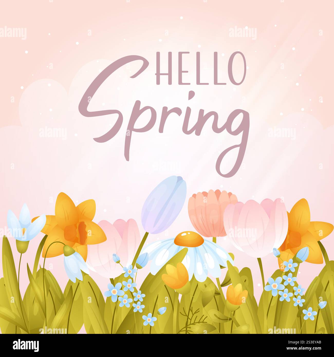 Colorful spring flowers bloom in a cheerful design celebrating the arrival of spring with vibrant hues , hello spring Stock Vector