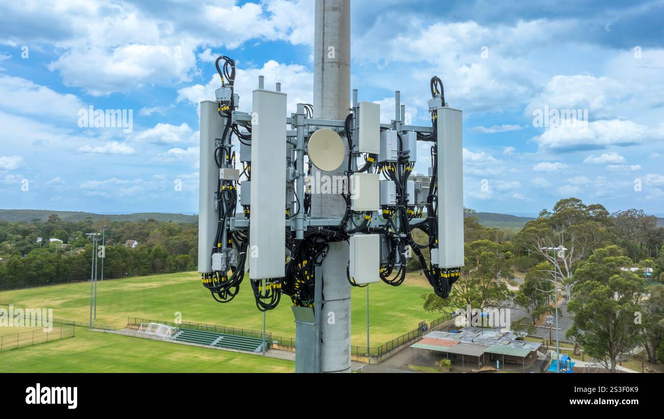 Telecom Aerial Components Drone aerial photograph of the bottom section of a telecommunications ...
