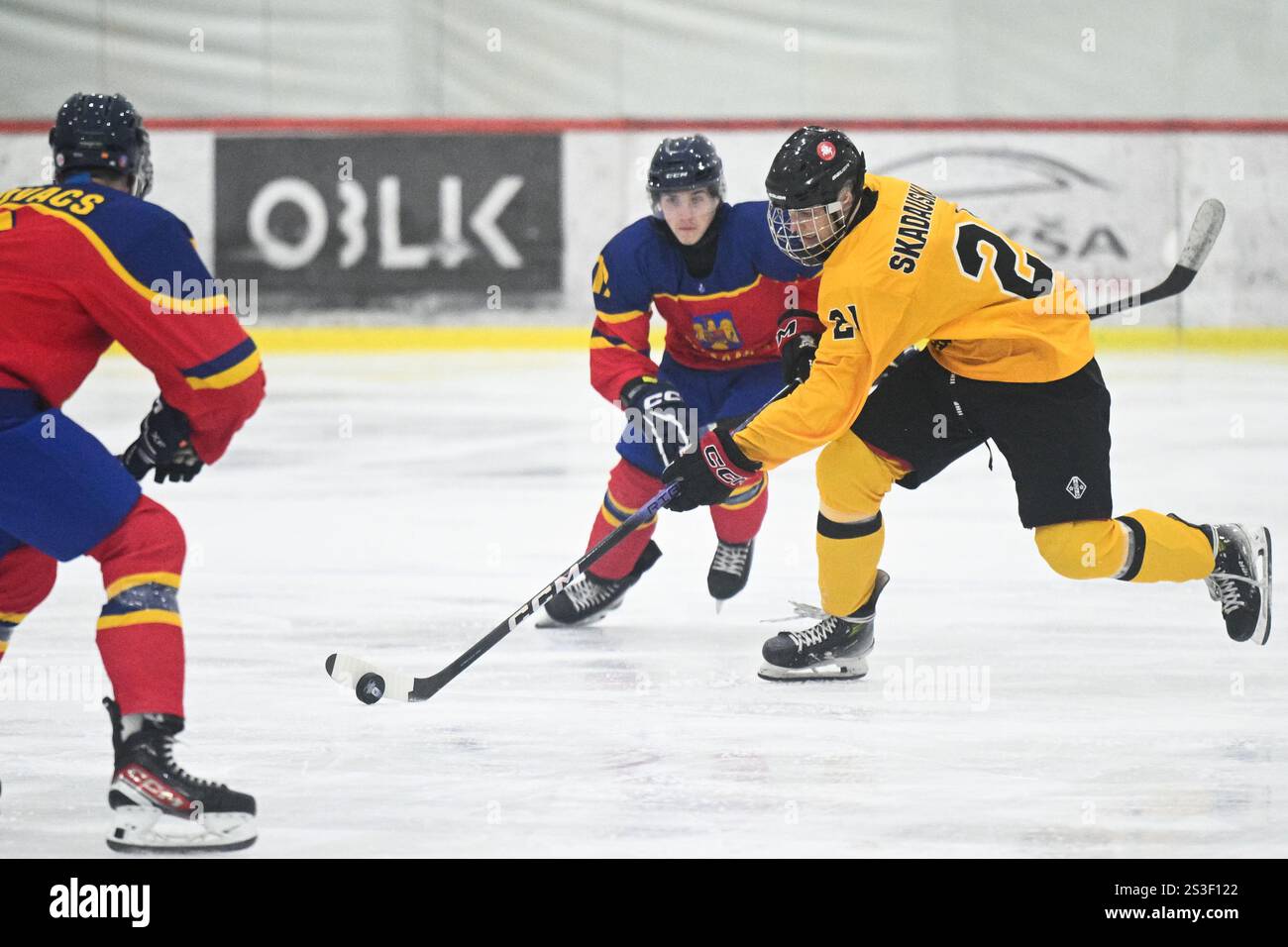 Mykolas Skadauskas of Lithuania skates during the 2025 Ice Hockey U20