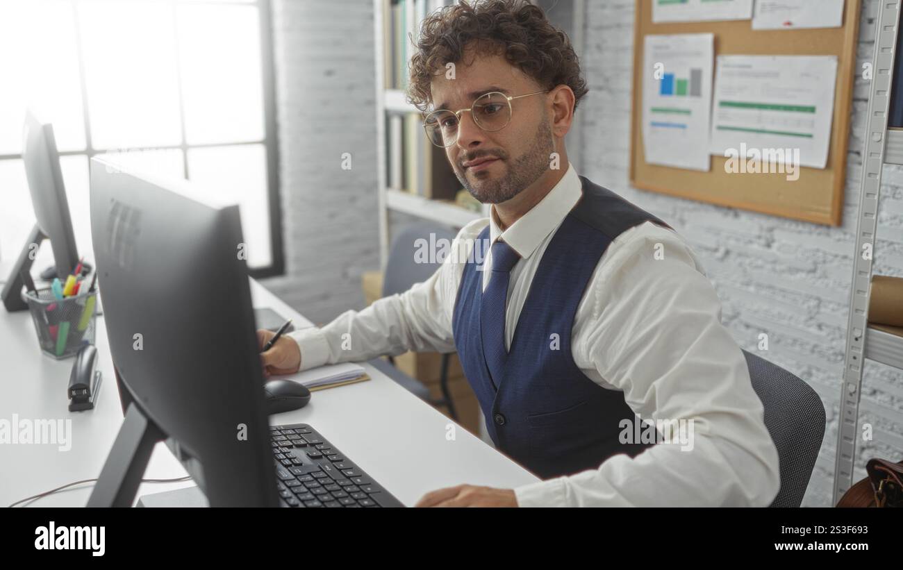 Young man in office setting, wearing glasses and vest, sits focused at a desk with computer and documents, showcasing a modern and professional workpl Stock Photo