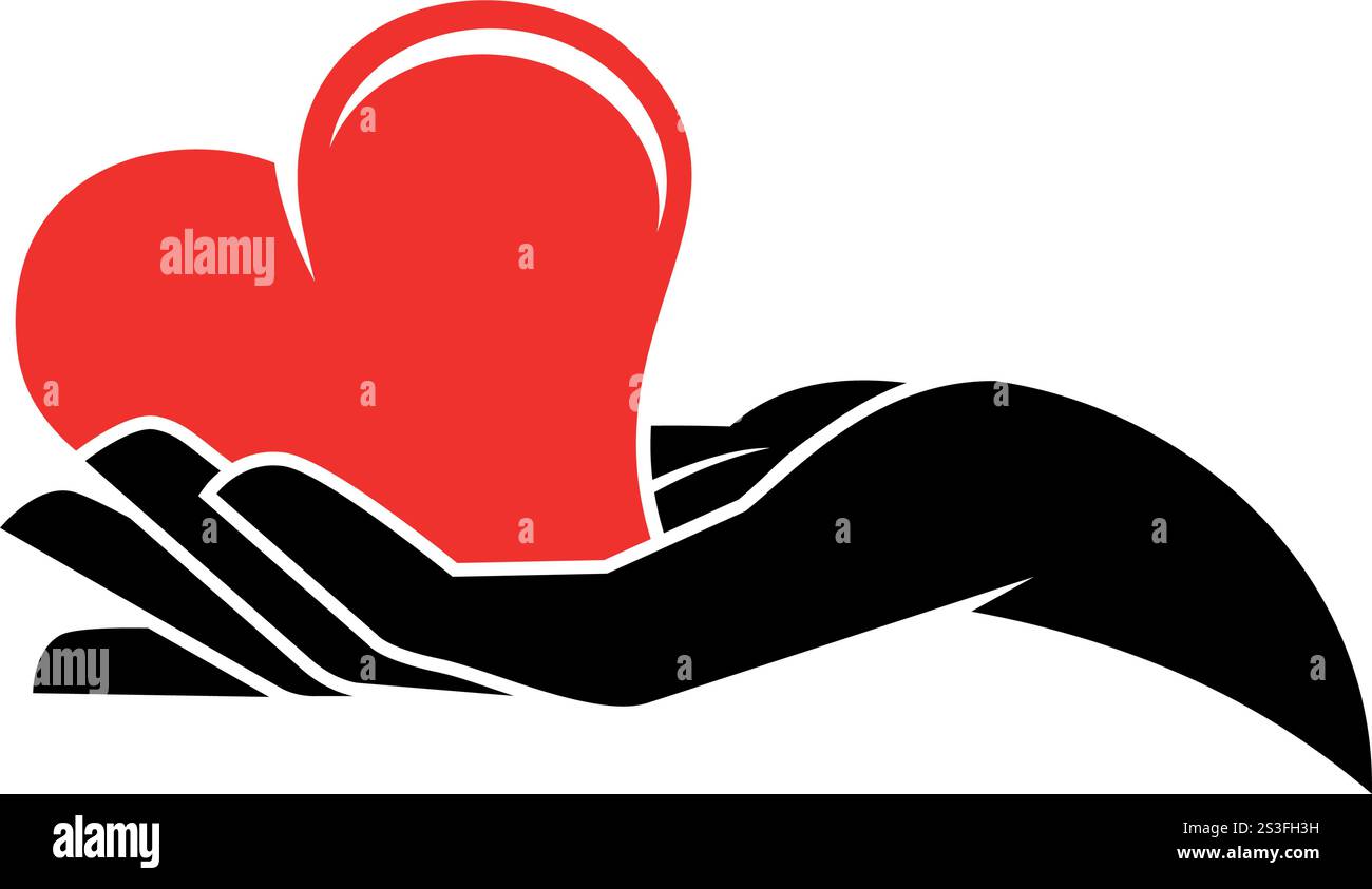 Human hand holds red heart in its palm. Vector icon on transparent background Stock Vector
