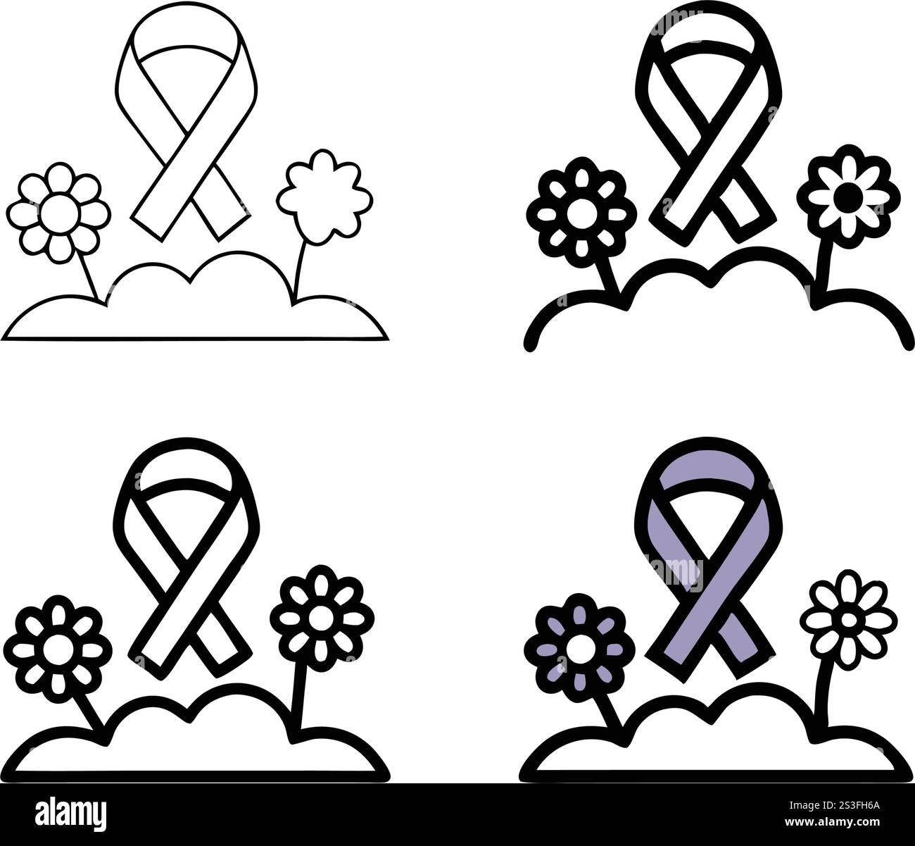 Line art icon of cancer awareness ribbon surrounded by blooming flowers ...