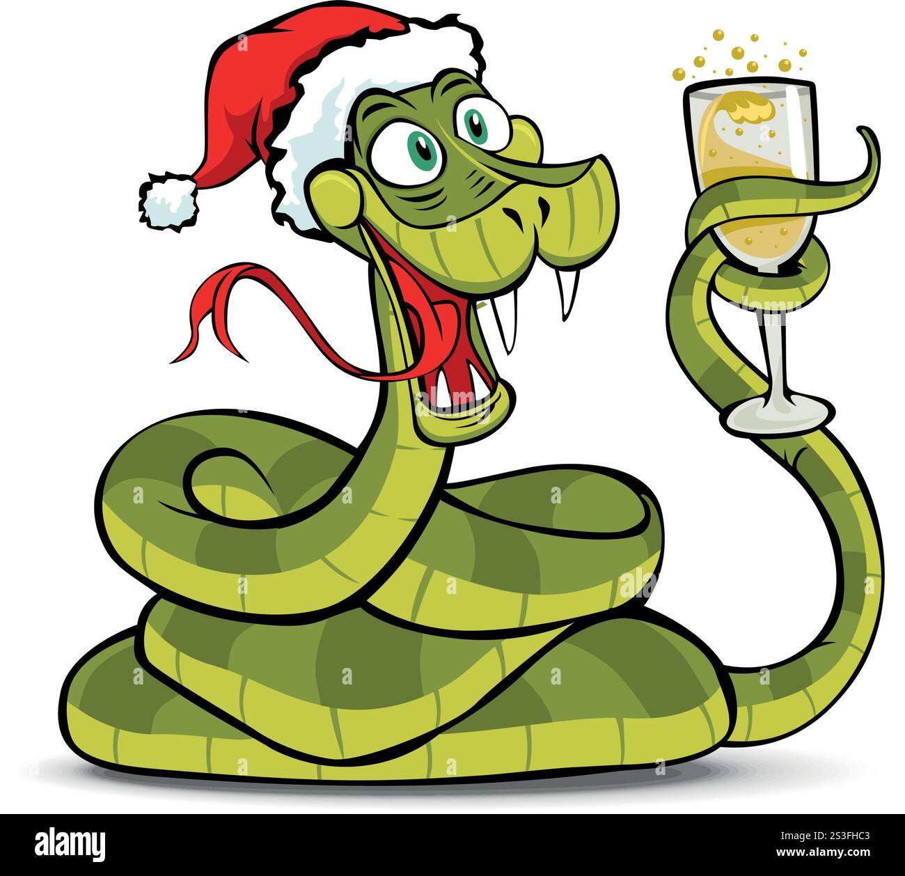 Funny cartoon green snake in Santa hat with champagne glass. Symbol of China New year. Vector in comic style on transparent background Stock Vector