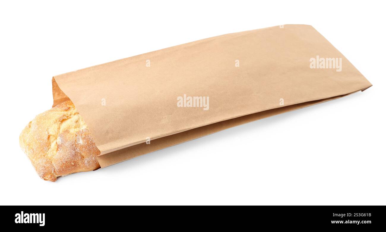 Paper bag with fresh baguette isolated on white Stock Photo - Alamy