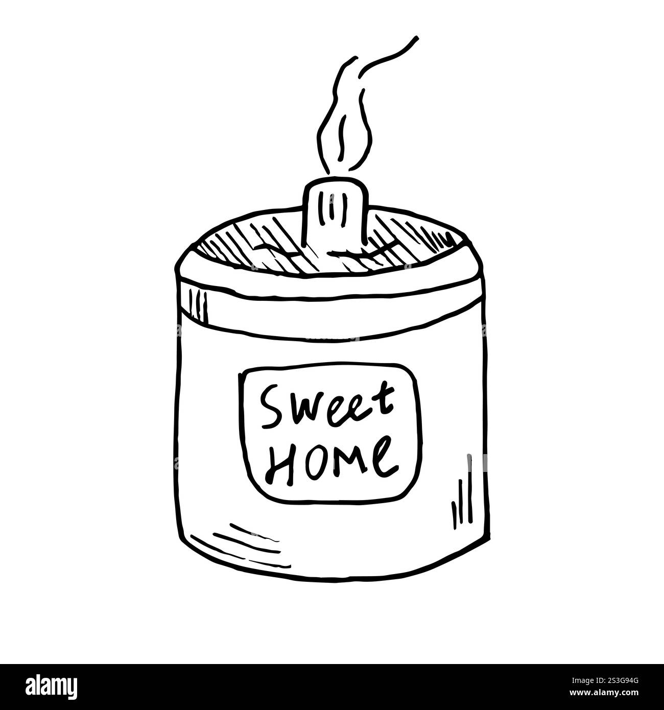 Scented candle in a jar with a label, hand-drawn vector illustration in doodle style. A linear drawing of a candle with the inscription Sweet Home. Stock Vector