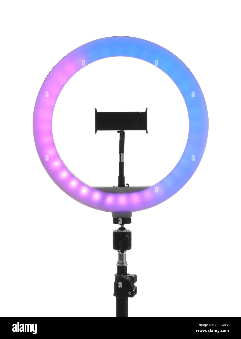 Tripod with ring light isolated on white Stock Photo