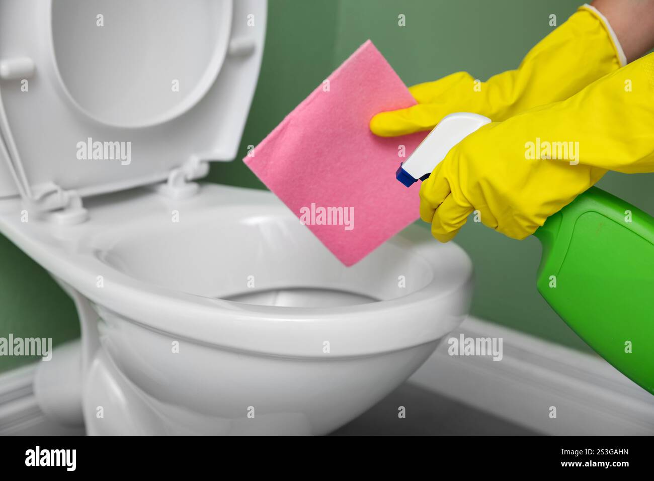 Woman cleaning toilet bowl in restroom, closeup Stock Photo