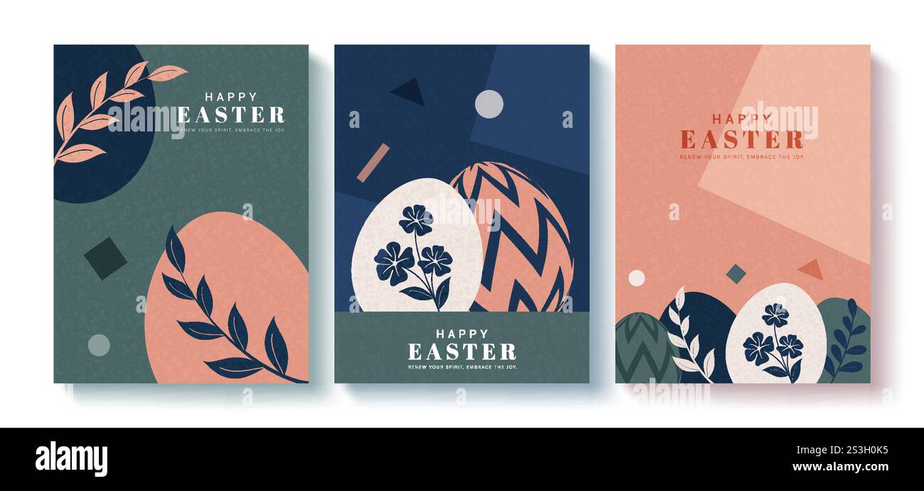 Happy easter greeting clipart poster set. Easter sunday wishes clip art in flat colorful abstract background with drawing eggs, leaves, flowers Stock Vector
