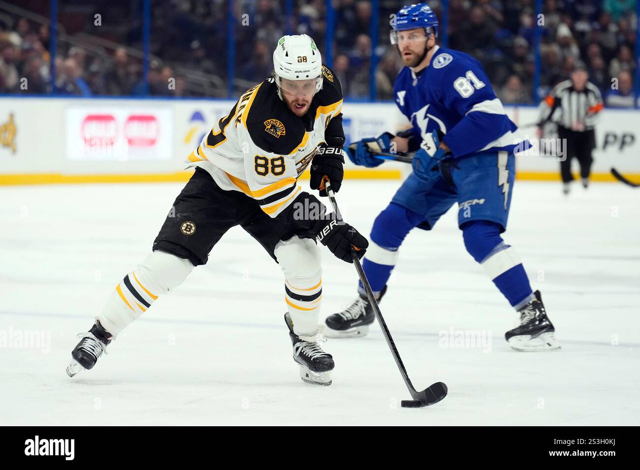 Boston Bruins right wing David Pastrnak (88) carries the puck in front