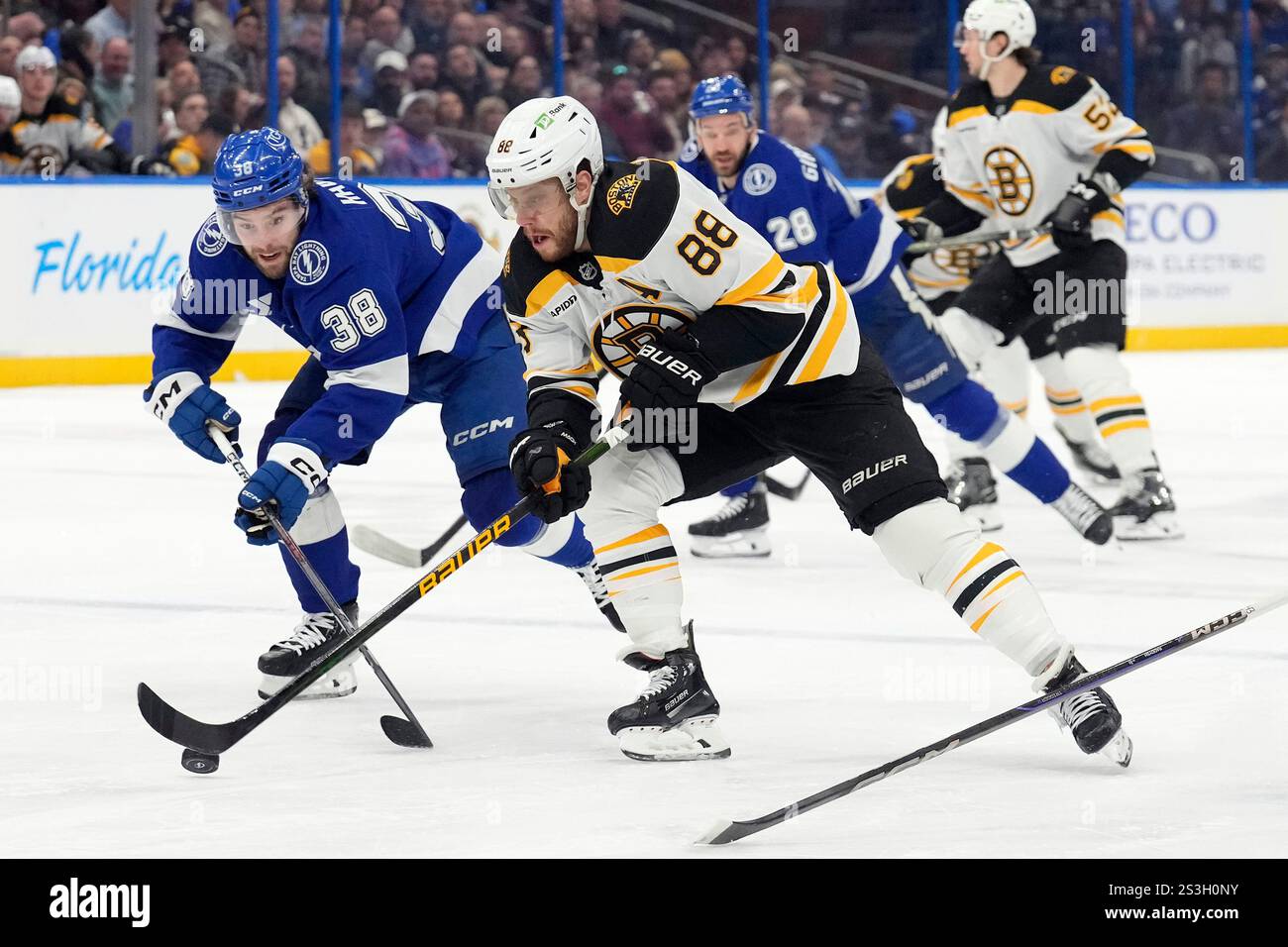 Boston Bruins right wing David Pastrnak (88) gets past Tampa Bay