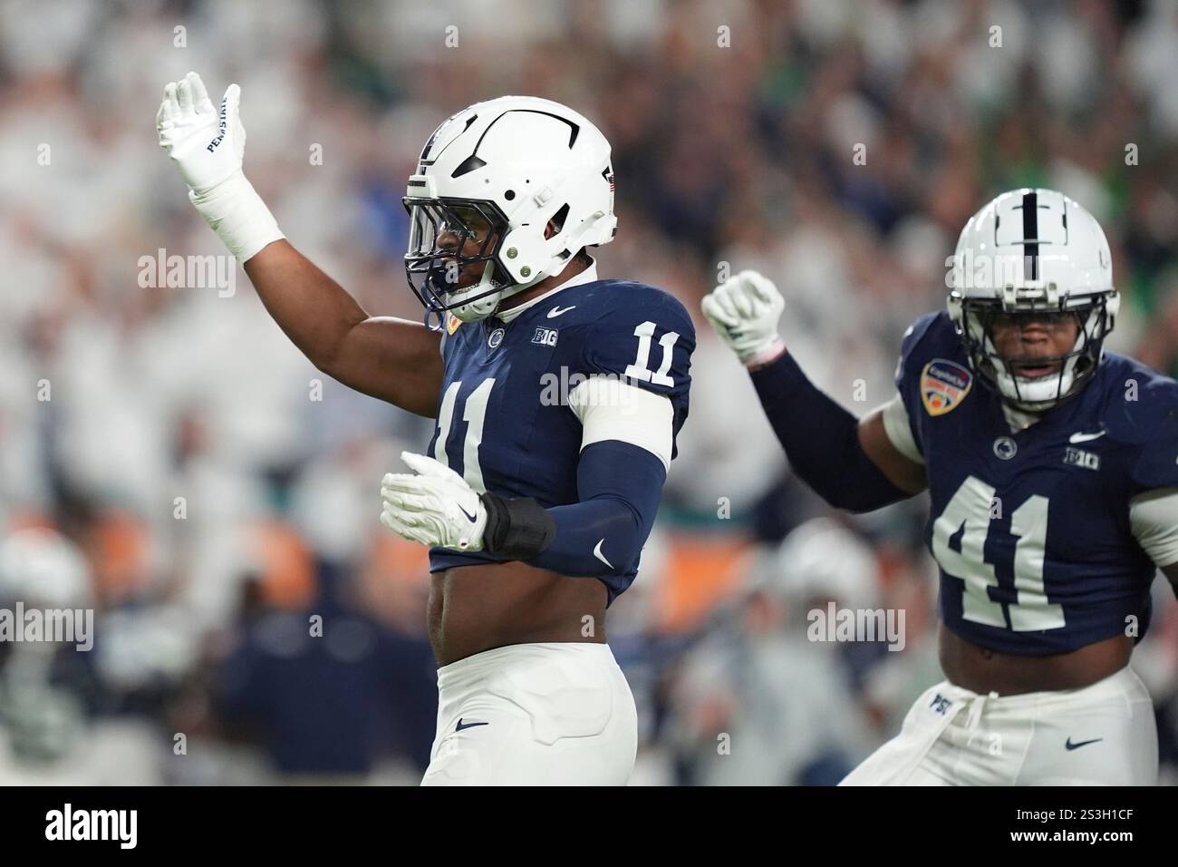 Penn State defensive end Abdul Carter (11) gestures after a play during