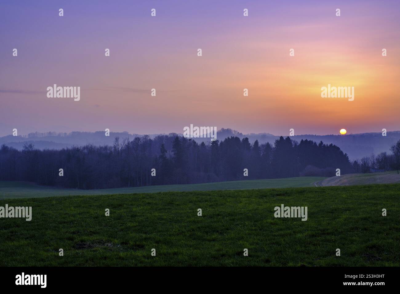 Sunset near Kirchsteig am Irschenberg, Upper Bavaria, Bavaria, Germany, Europe Stock Photo