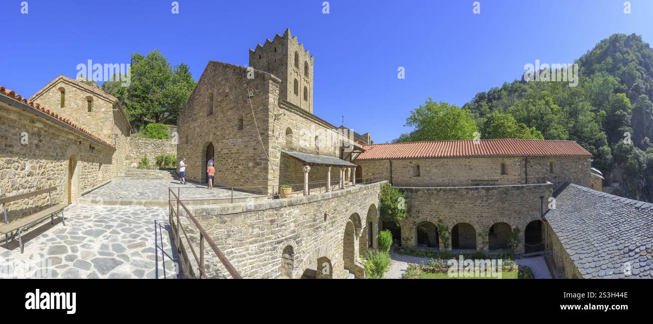 Church and tower of Saint Martin du Canigou Abbey, Casteil, Departement Pyrenees-Oriental, France, Europe Stock Photo