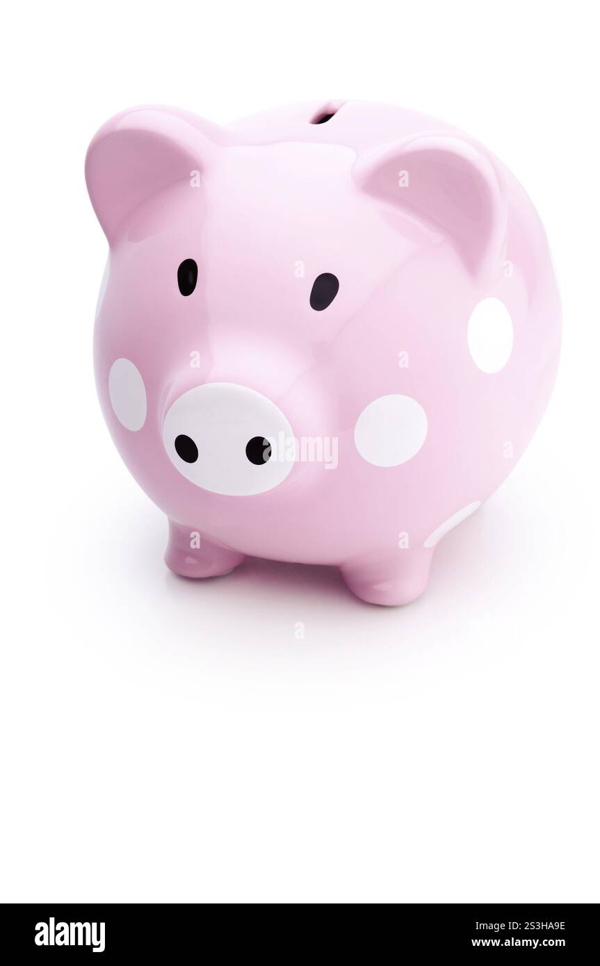 Pink cute piggy bank isolated on white background with clipping path ...