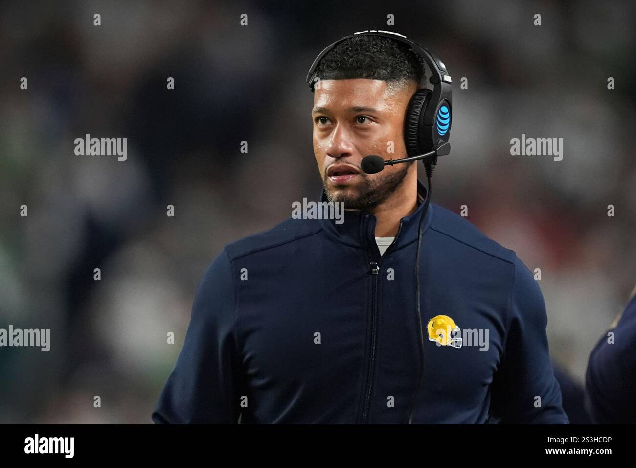 Notre Dame head coach Marcus Freeman looks up during the first half of