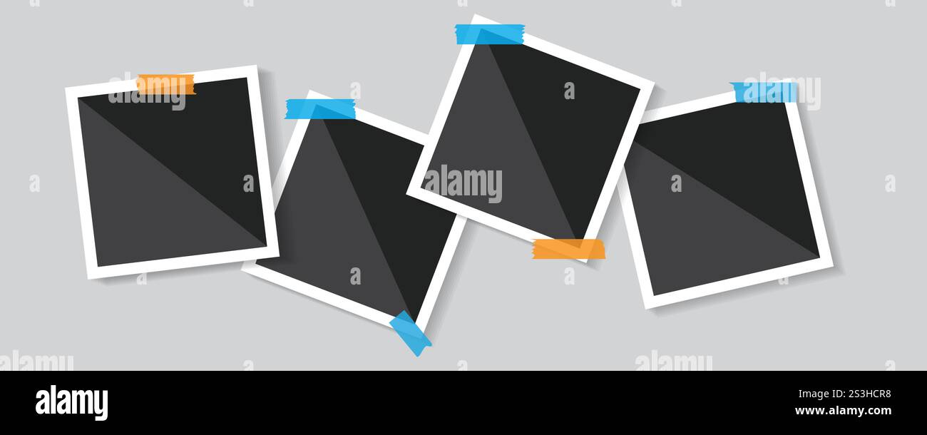 Modern photo collage template with taped blank frames on white background Stock Vector