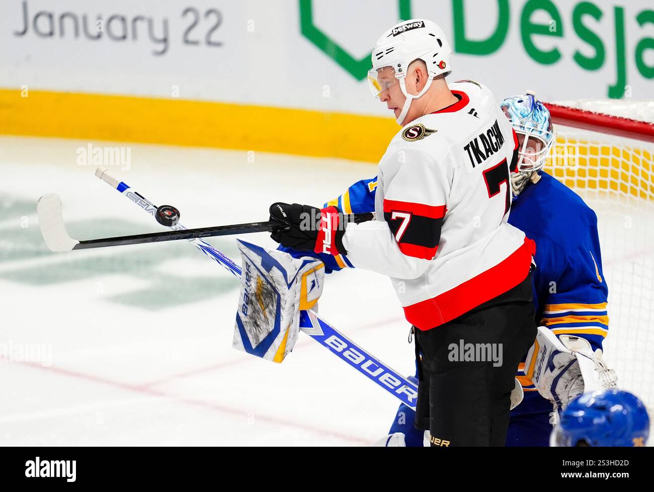 Ottawa Senators' Brady Tkachuk (7) tries to deflect a shot past Buffalo ...
