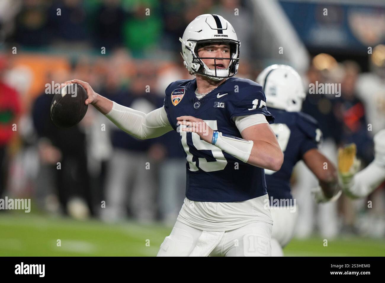 Penn State quarterback Drew Allar (15) aims a pass during the second