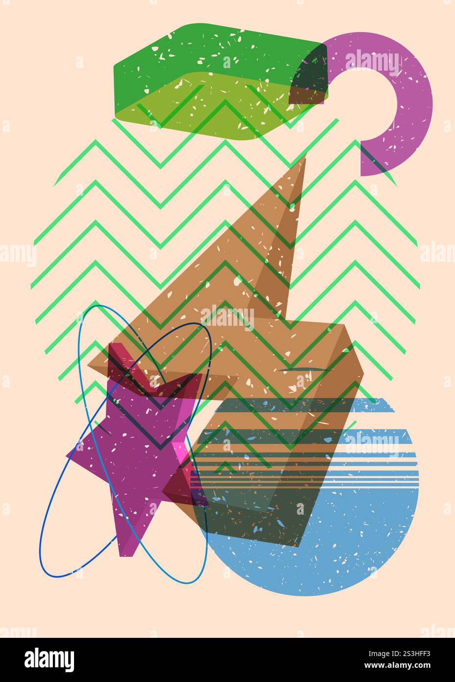 Colorful geometric shapes. Object in trendy riso graph design. Geometry elements abstract risograph print texture style. Stock Vector