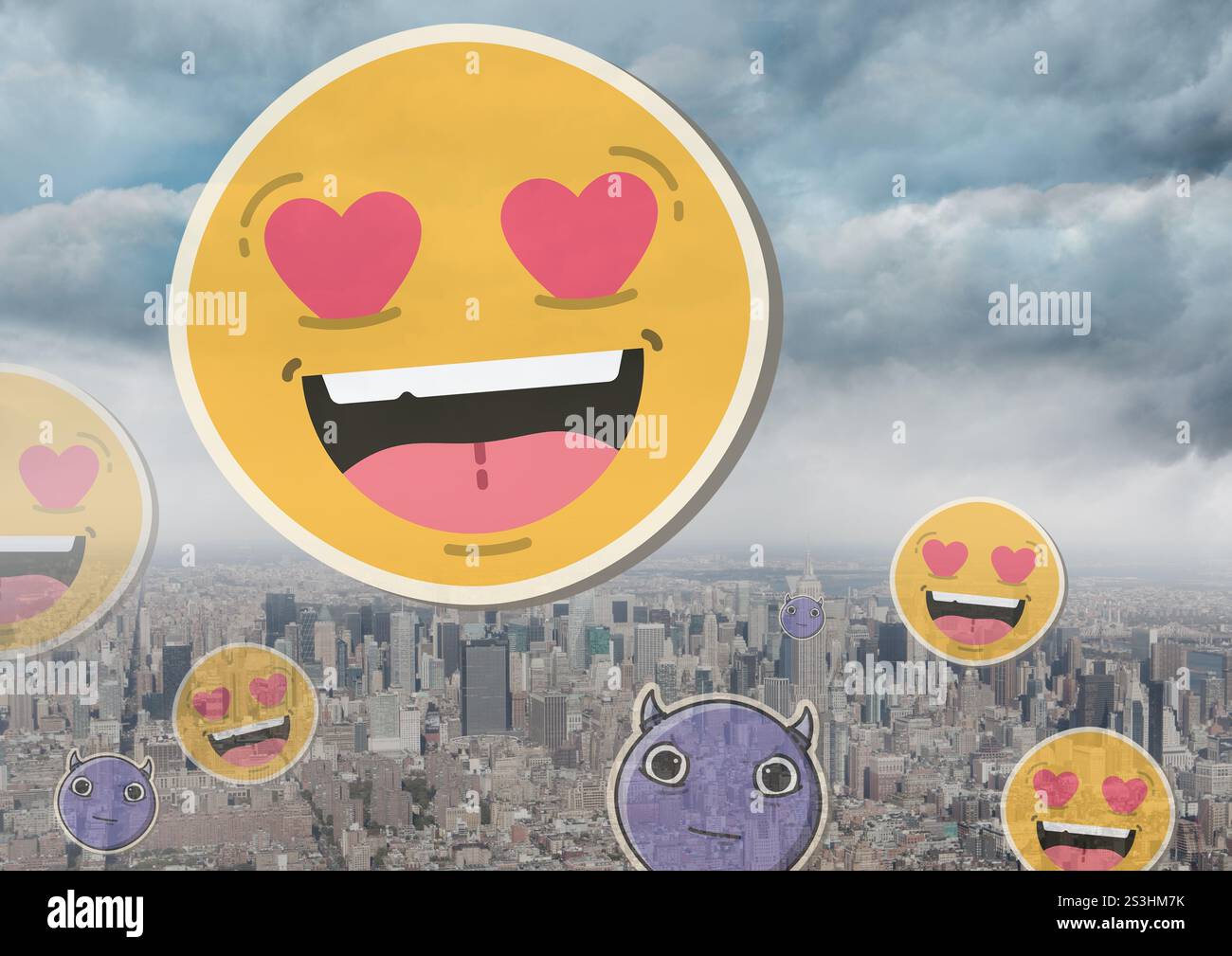 Emojis flying in the sky over the city background. Emoticons and social ...