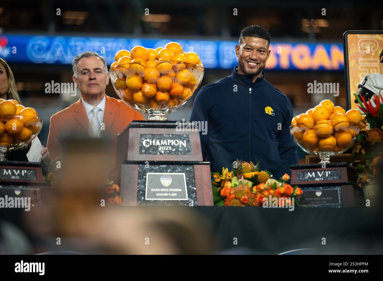 Notre Dame head coach Marcus Freeman on stage during the trophy ...
