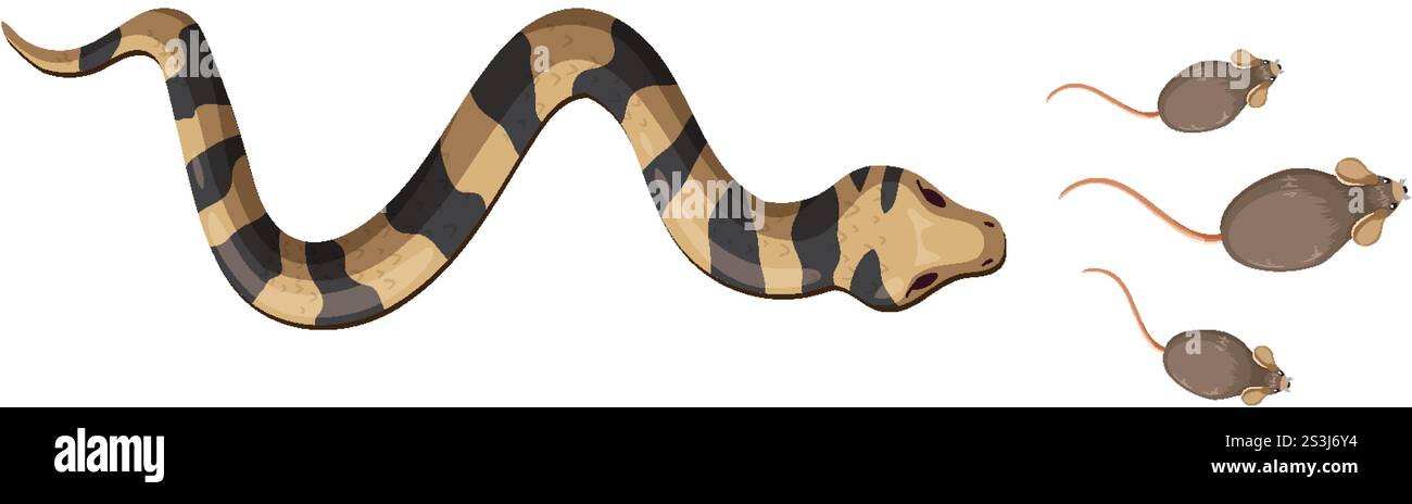 Illustration of a snake approaching three mice Stock Vector