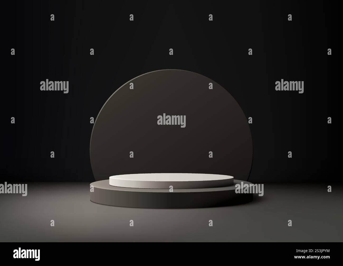 A sleek and modern black backdrop with an elegant white round platform ...