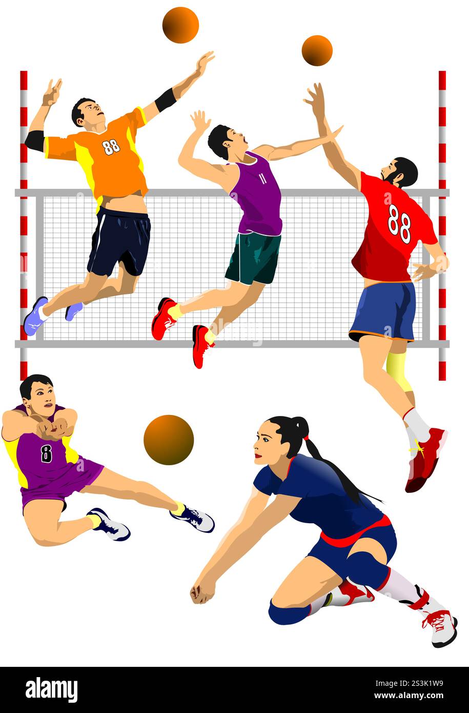 Big set of professional volleyball player isolated on white. 3d vector