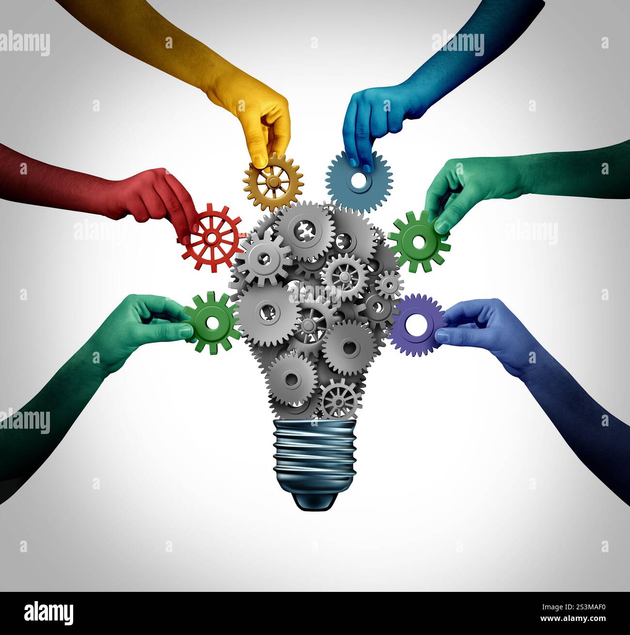 Diverse group solutions and creative business partnership as multicultural people uniting together to connect and contribute as an integrated team for Stock Photo