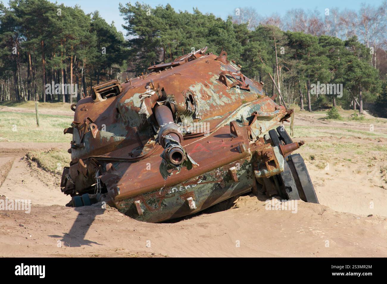 Destroyed tank, shelled and old Stock Photo