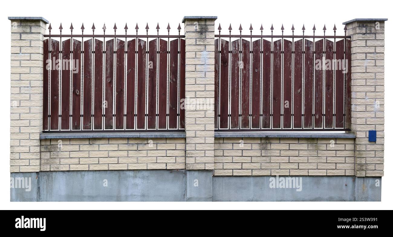Old aged fence made of wooden planks and steel bars. Isolated on white ...